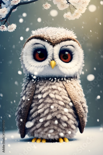 illustration of a cute owl with big eyes in the winter landscape in the background, it's snowing, generative ai © Alena Vilgelm