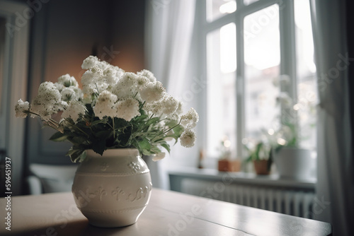 White flowers in a vase in a bright home near the window