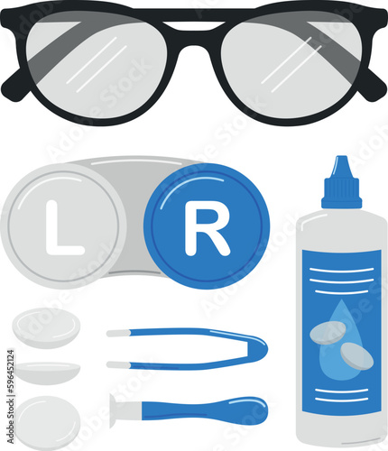 Glasses, lens liquid, tweezers, storage container, suction cup and contact lenses, vector illustration