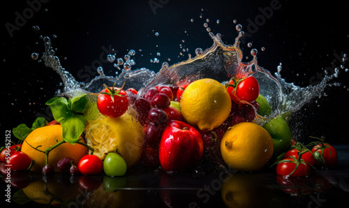Mouth-watering ripe juicy fruit and vegetables in the water splashing around. Healthy organic food concept. Black backdrop. Close up. Generative AI.