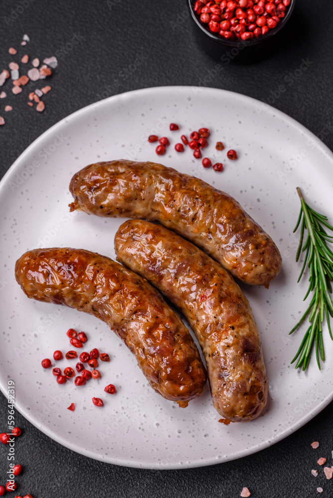 Delicious fried grilled sausages with salt, spices and herbs Delicious fried grilled sausages with salt, spices and herbs