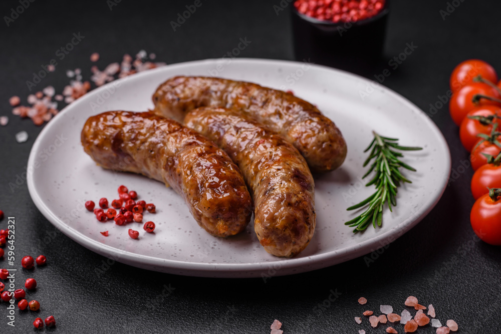 Delicious fried grilled sausages with salt, spices and herbs Delicious fried grilled sausages with salt, spices and herbs