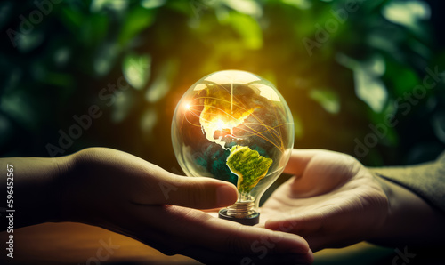 Male and female hands holding the light bulb with depiction of continents on it. Cooperation of people in saving planet concept. Close up. Green leaves at backdrop in blur. Generative AI. photo