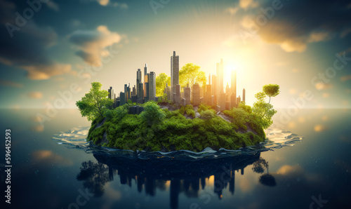 Fototapeta Naklejka Na Ścianę i Meble -  Little round green island in the ocean. Skyscrapers inhabiting the land spot. Generative AI.