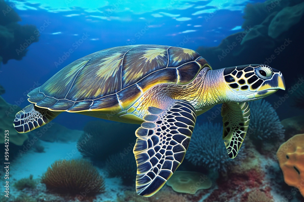 Sea Turtle Under a Tropical Colorful Clear Sea Looking, Generative AI
