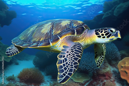 Sea Turtle Under a Tropical Colorful Clear Sea Looking, Generative AI © Robert Wilson