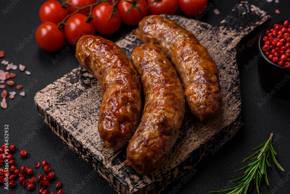 Delicious fried grilled sausages with salt, spices and herbs Delicious fried grilled sausages with salt, spices and herbs
