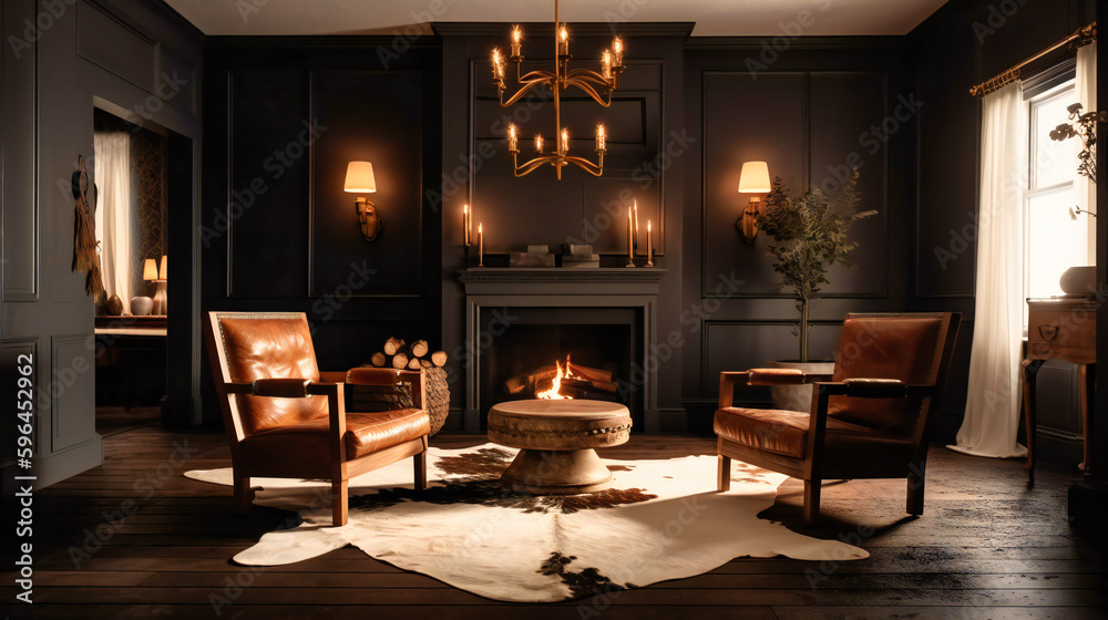 A room with a white fireplace leather chairs and cow hide rug