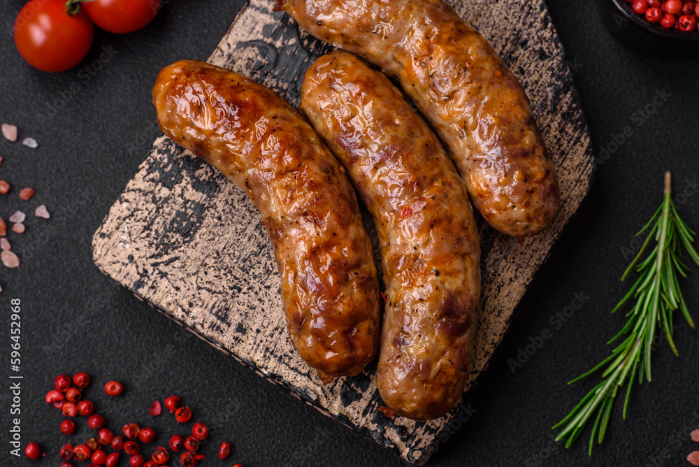 Delicious fried grilled sausages with salt, spices and herbs Delicious fried grilled sausages with salt, spices and herbs