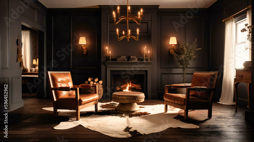 A room with a white fireplace leather chairs and cow hide rug