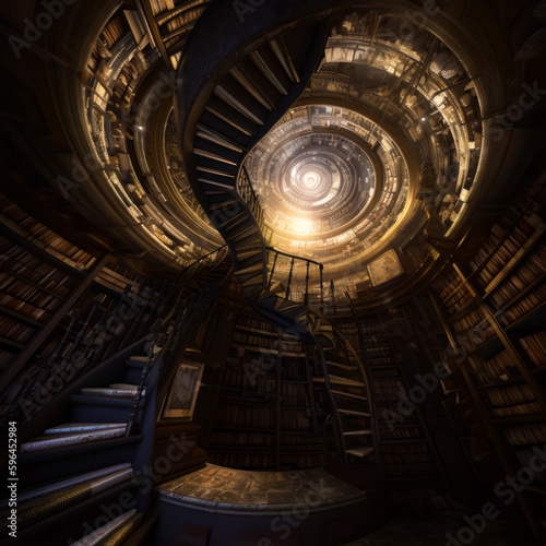 Creepy old house with strange winding staircase. Huge bookshelves around. Low angle view. Generative AI.