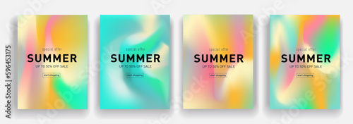 Trendy Liquid Summer Set of Yellow, Blue, Pink, Green, Orange Colors. Summer Sale in the Fashion Industry. Templates for Social Media Posts, Mobile Apps, Cards, and Banners Design. Vector Illustration