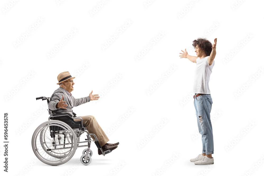 Guy meeting an elderly man in a wheelchair Guy meeting an elderly man in a wheelchair