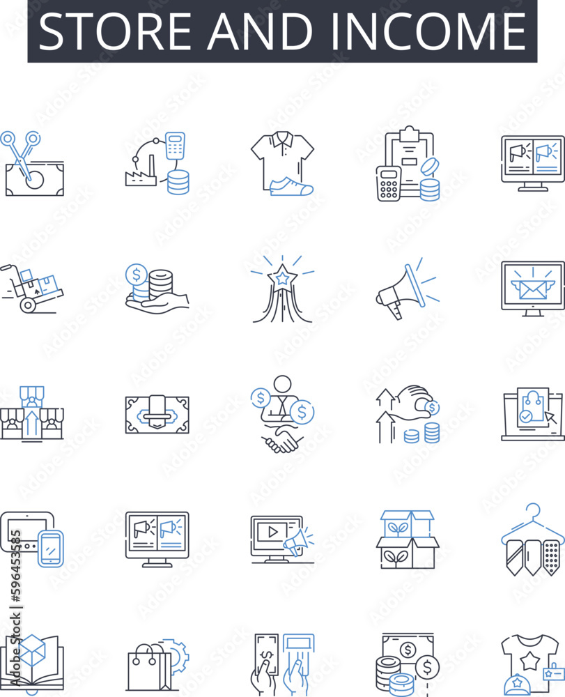 Store and income line icons collection. Shop and revenue , Market and earnings , Boutique and profit , Warehouse and gain , Outlet and return , Emporium and yield , Stockpile and Generative AI