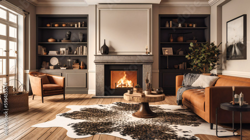 A living room with a fireplace and a cow print rug photo