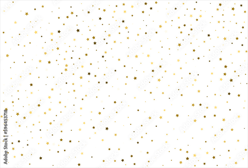 Random falling gold stars on white background. Glitter pattern for banner, greeting card, Christmas and New Year card, invitation, postcard, paper packaging