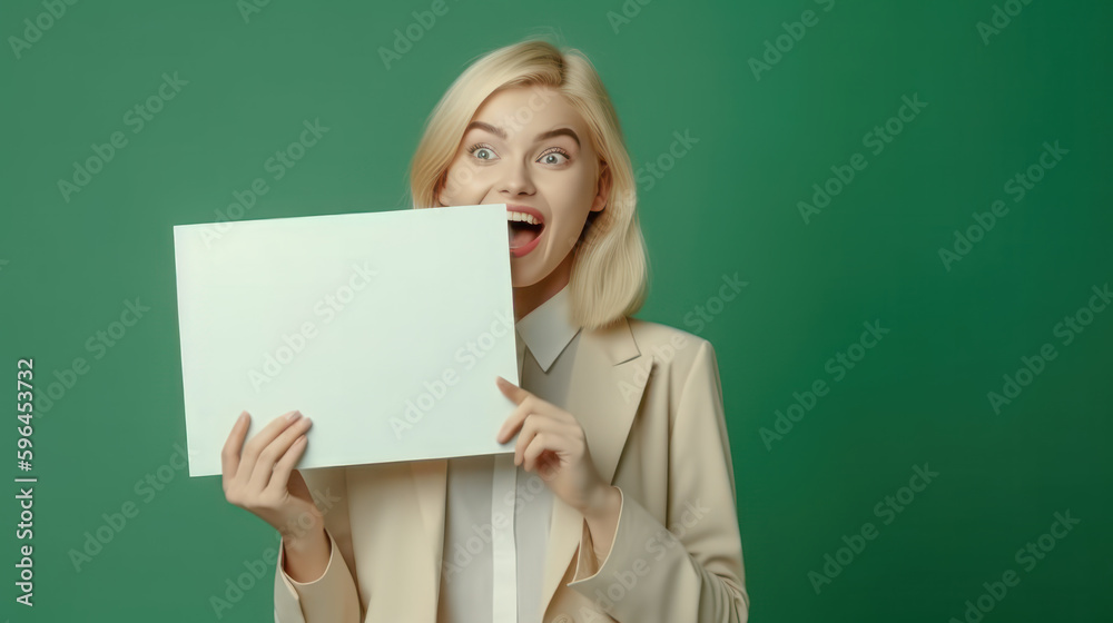 Frau zeigt Tafel Mockup Freude Verkäuferin Werbung Illustration (Generative AI) Digital Art Background Cover Hintergrund Frau zeigt Tafel Mockup Freude Verkäuferin Werbung Illustration (Generative AI) Digital Art Background Cover Hintergrund
