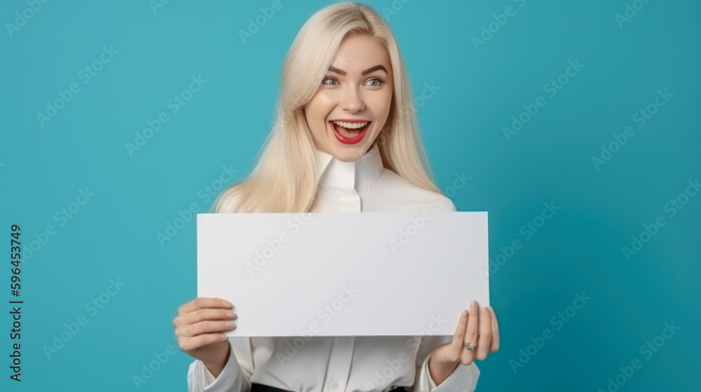 Frau zeigt Tafel Mockup Freude Verkäuferin Werbung Illustration (Generative AI) Digital Art Background Cover Hintergrund Frau zeigt Tafel Mockup Freude Verkäuferin Werbung Illustration (Generative AI) Digital Art Background Cover Hintergrund