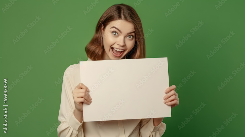 Frau zeigt Tafel Mockup Freude Verkäuferin Werbung Illustration (Generative AI) Digital Art Background Cover Hintergrund Frau zeigt Tafel Mockup Freude Verkäuferin Werbung Illustration (Generative AI) Digital Art Background Cover Hintergrund