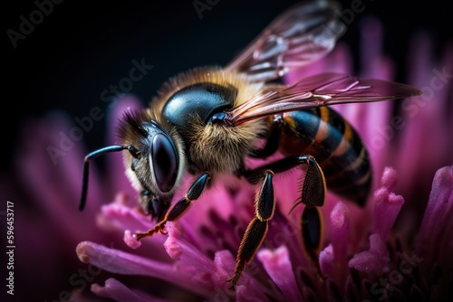 Close up to a Bee Flying to a Pink Flower, Macro Photography. Generative AI © Boss