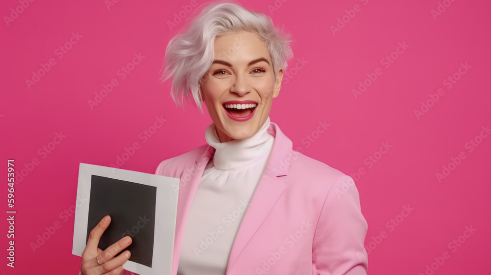 Frau zeigt Tafel Mockup Freude Verkäuferin Werbung Illustration (Generative AI) Digital Art Background Cover Hintergrund Frau zeigt Tafel Mockup Freude Verkäuferin Werbung Illustration (Generative AI) Digital Art Background Cover Hintergrund