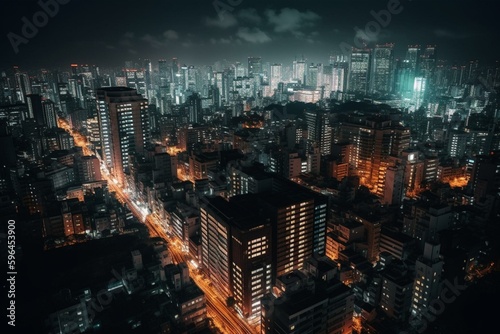 Minimalistic Tokyo at night: downtown buildings and skyline. Generative AI © Caledonia