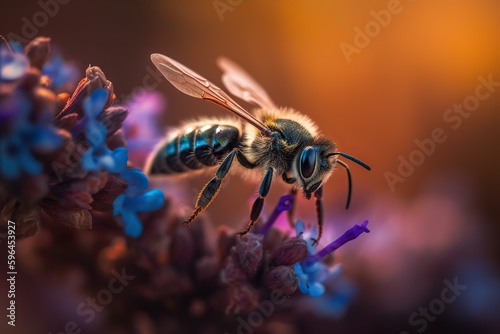 Close up of a Bee Flying to a Pink Flower, Macro Photography. Generative AI © Boss