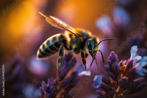 Close up of a Bee Flying to a Pink Flower, Macro Photography. Generative AI