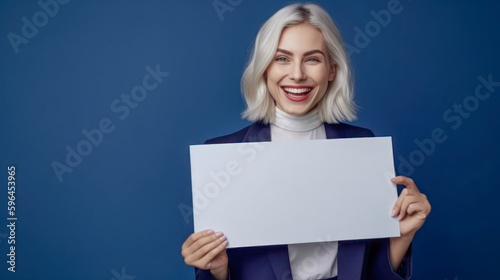 Frau zeigt Tafel Mockup Freude Verkäuferin Werbung Illustration (Generative AI) Digital Art Background Cover Hintergrund