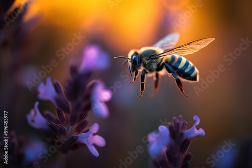 Close up of a Bee Flying to a Pink Flower, Macro Photography. Generative AI © Boss