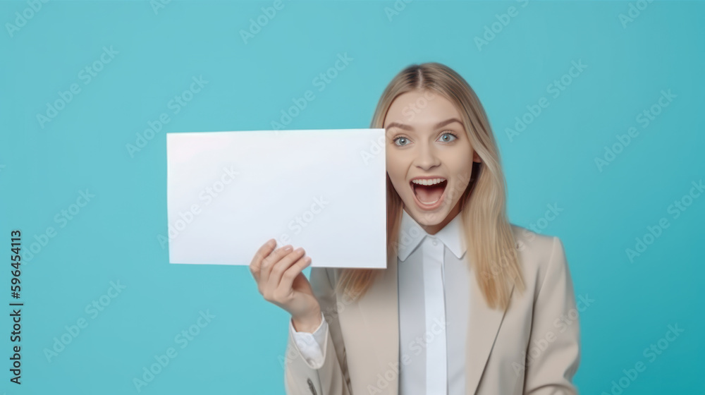 Frau zeigt Tafel Mockup Freude Verkäuferin Werbung Illustration (Generative AI) Digital Art Background Cover Hintergrund Frau zeigt Tafel Mockup Freude Verkäuferin Werbung Illustration (Generative AI) Digital Art Background Cover Hintergrund