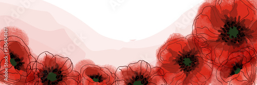 Banner with poppy flowers on a light background. Hand drawn poppy flowers. Symbol of the day of remembrance. Poster for the day of remembrance and victory.