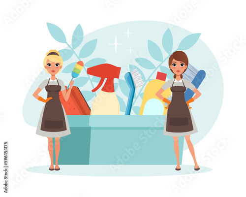 Housekeeper or Cleaning Staff with Woman in Apron Holding Duster Vector Illustration