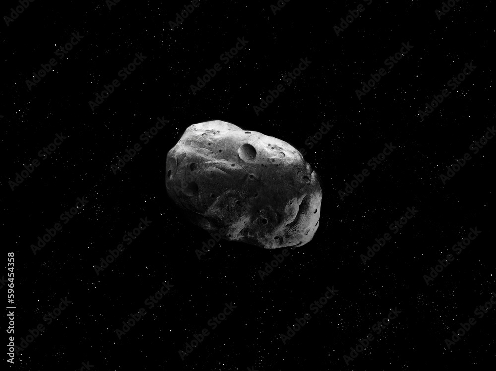 Rocky asteroid in space. Asteroid isolated on a black background. Meteorite with impact craters. Rocky asteroid in space. Asteroid isolated on a black background. Meteorite with impact craters.