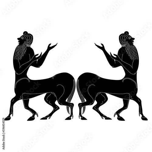 Symmetrical ethnic design with two ancient Greek centaurs. Half men half horses. Vase painting style. Black and white silhouette.