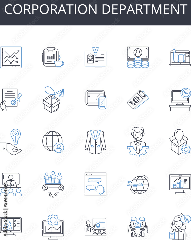 Corporation department line icons collection. Executive suite, Agency division, Government branch, Judicial chamber, Legislative assembly, Business unit, Marketing team vector and linear Generative AI
