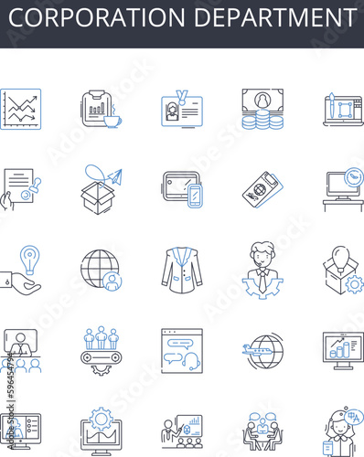 Corporation department line icons collection. Executive suite, Agency division, Government branch, Judicial chamber, Legislative assembly, Business unit, Marketing team vector and linear Generative AI