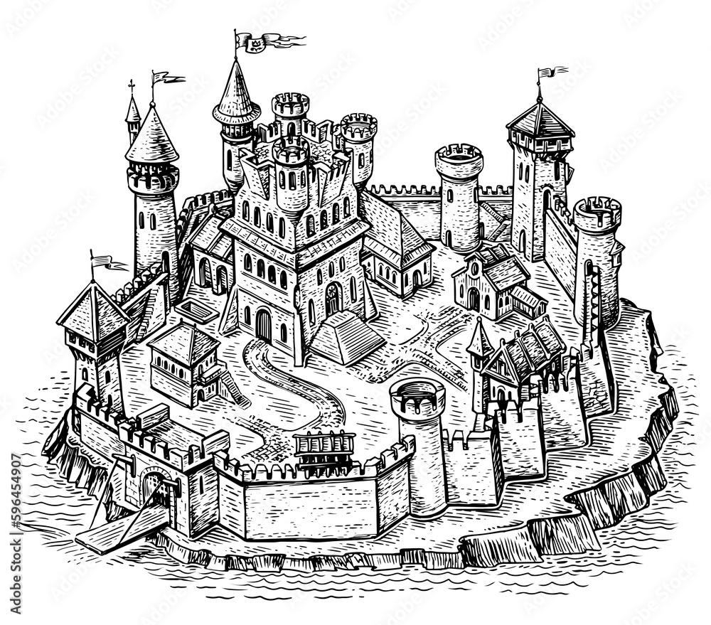 Medieval town. Stone castle with towers isometry. Cityscape in vintage engraving style. Sketch illustration
