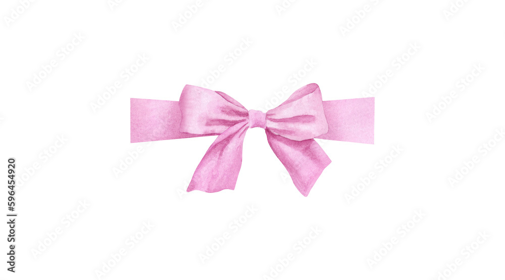 Pink bow isolated on white background. Watercolor illustration hand drawn