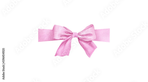 Pink bow isolated on white background. Watercolor illustration hand drawn