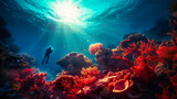 Diving underwater on the red coral reef stock photo