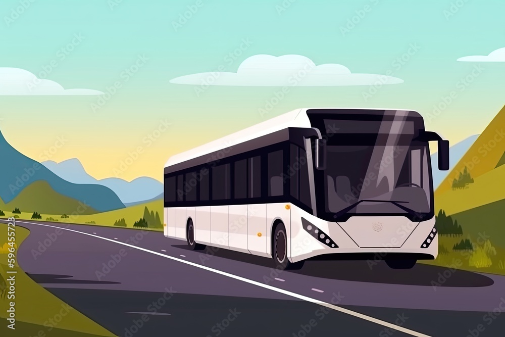 white bus driving down a scenic rural road. Generative AI