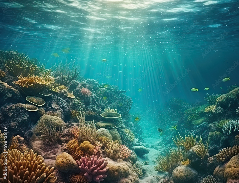 Naklejka premium Great Barrier Reef, underwater illustration, saline, coral reef, nature, background, ocean. Generative AI.