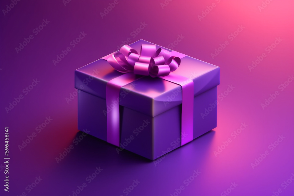 Obraz premium lila Geschenk mit pinker Schleife auf lila Hintergrund. Querformat. Generative Ai.