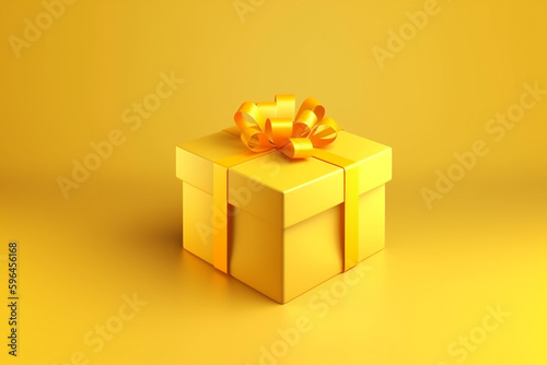 gelbes Geschenk mit gelber Schleife auf gelbem Hintergrund. Querformat. Generative Ai.
