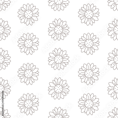 Cute sunflowers seamless pattern. Sunflower outline. Design for textile, wrapping paper, fabrics. Vector illustration in flat style