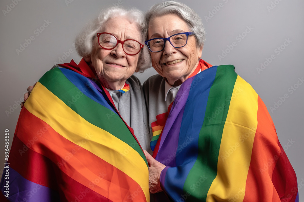 Portrait of an elderly lesbian couple wearing glasses, embracing each other and covered by a gay pride flag. White background - obrazy, fototapety, plakaty 