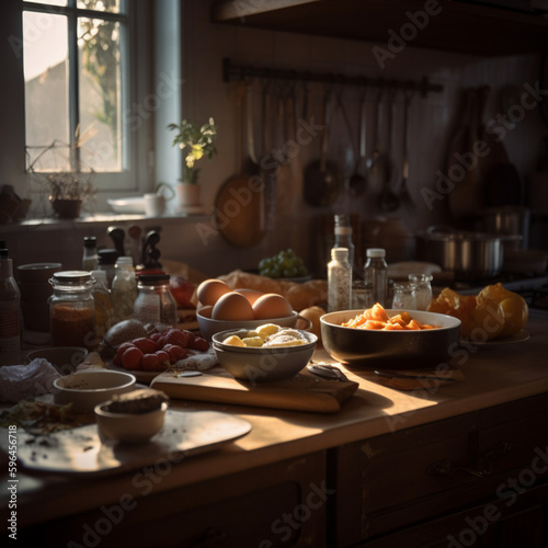 food being prepared in a kitchen with a soft evening light , Generative AI