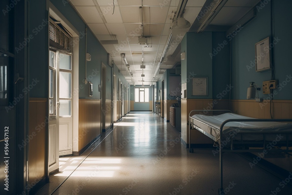 Hospital hallway with bright sleeping room at end. Generative AI