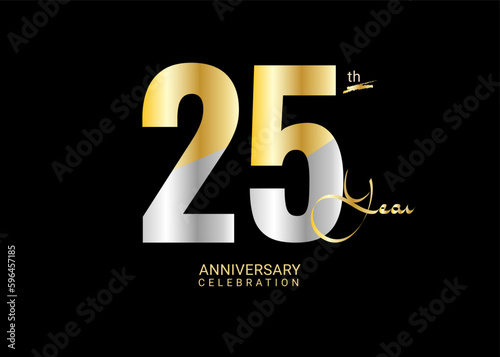 25 Years Anniversary Celebration gold and silver Vector Template, 25 number logo design, 25th Birthday Logo,  logotype Anniversary, Vector Anniversary For Celebration, poster, Invitation Card